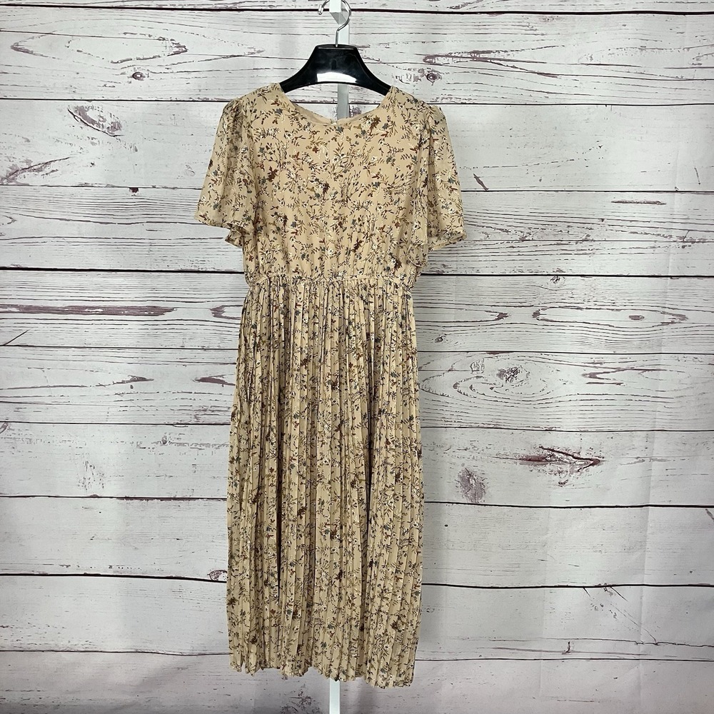Böhme Beige Floral Pleated Midi Dress Cottagecore Prairie Womens Sz Medium